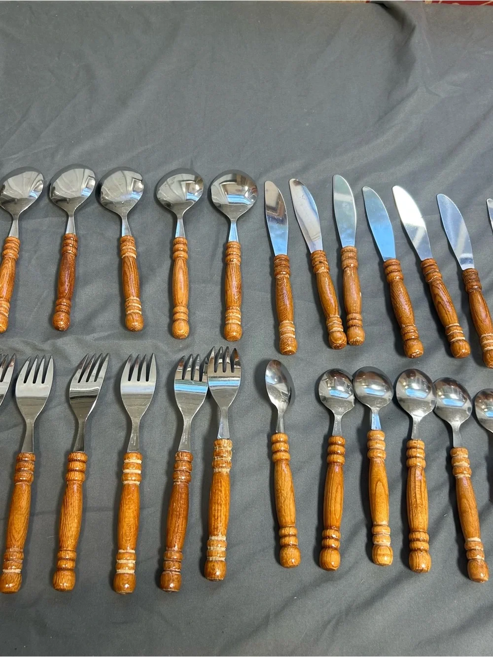 Vintage 70’s Wood Handle Stainless Steel Flatware Set 31 Pieces Taiwan